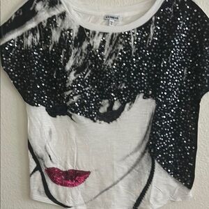 Express Black and White Sequin Tee with Pink Accents